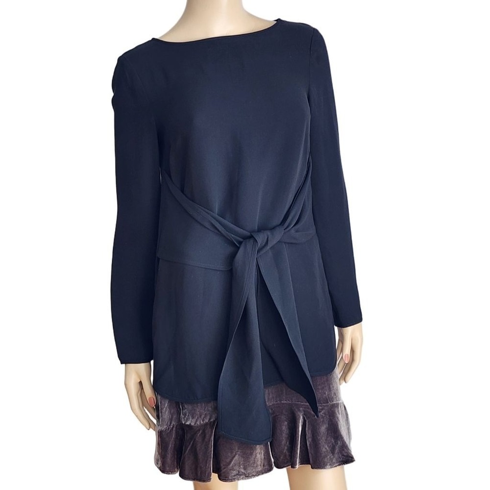 ST. JOHN Black Long Sleeve Tie-Front‎ Silk Top Blouse 2